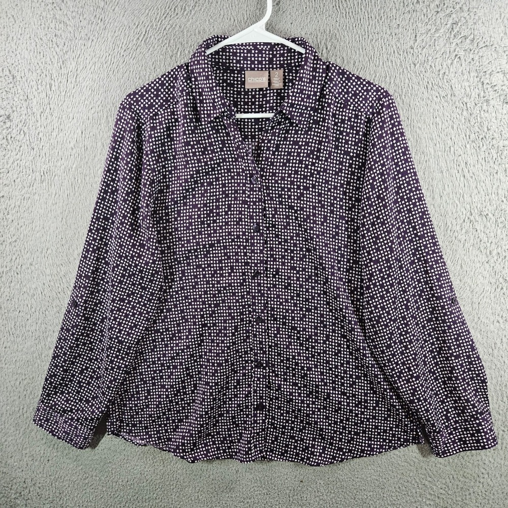 Chicos Button Down Shirt Womens 2 Large‎ Purple White Geometric Diamond Blouse